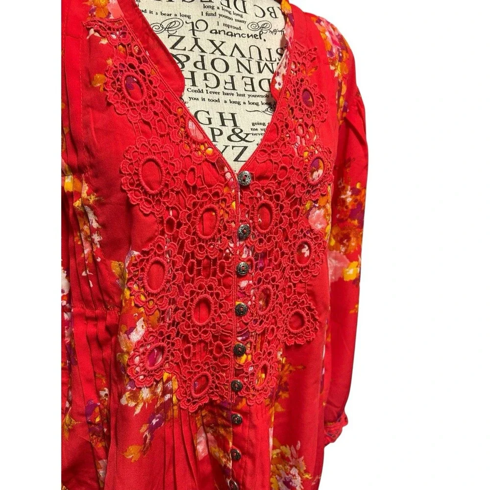 Roaman's Womens Blouse SZ 24W Tropical Floral Coral Lace Bib Resortwear